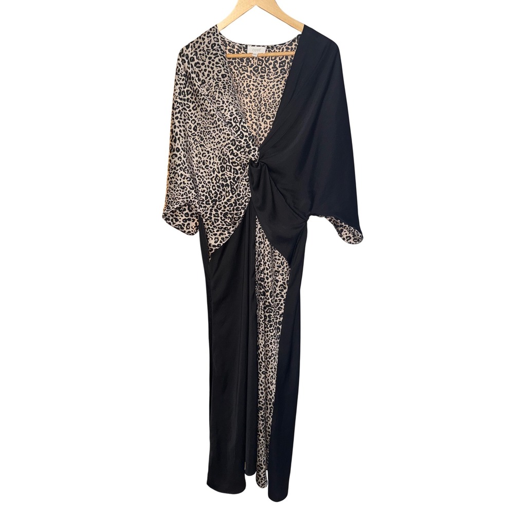 ODDI Womens Plus Leopard Print Colorblock Twist Front V-Neck Maxi Dress Black